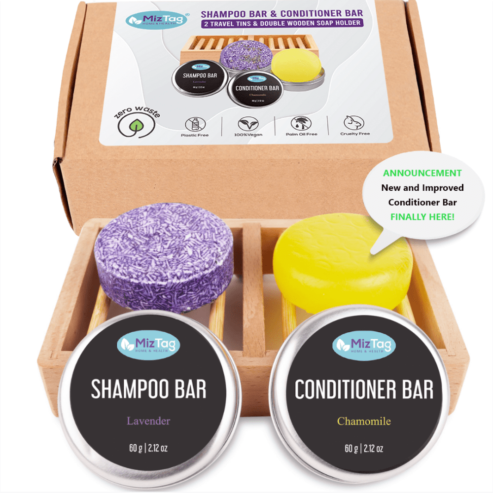 Shampoo bar & conditioner bar set with Travel container and wooden soap